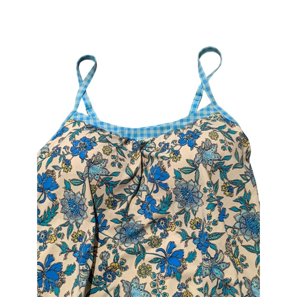 Lands' End Blouson Tankini Swim Top Sz 14 Blue Floral Paisley Gingham Pool Beach - Picture 4 of 12